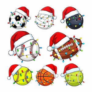 May include: A collection of cartoon sports balls, including a soccer ball, volleyball, bowling ball, baseball, football, softball, basketball, and tennis ball, each wearing a Santa hat and wrapped in colorful Christmas lights.