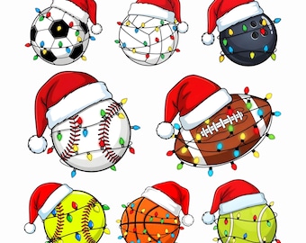 8 Sports Christmas Balls Png Bundle, Christmas Sports Balls Png, Santa Hat Baseball Soccer Basketball Volleyball Tennis Football Softball