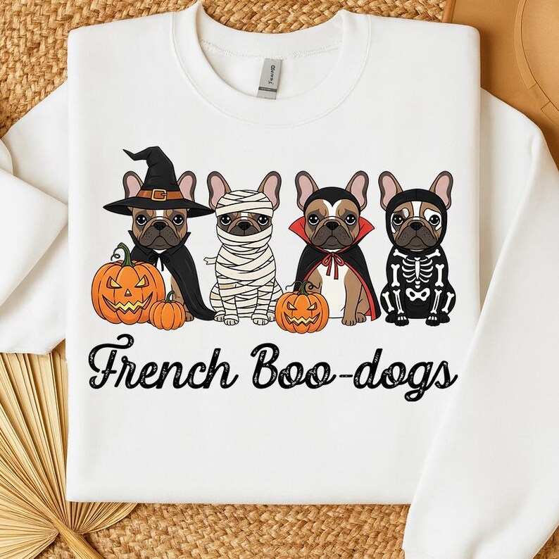 May include: White sweatshirt featuring four French Bulldogs dressed in Halloween costumes. The dogs are depicted as a witch, mummy, vampire, and skeleton, with carved pumpkins. The text "French Boo-dogs" is printed below the dogs.