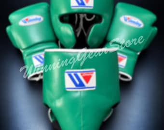 Guantes de boxeo, protectores de cabeza y de ingle personalizados de color verde ganador – Equipo de boxeo personalizado de cuero de vaca, el mejor regalo de Navidad