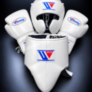 Könnte beinhalten: Ein Set weißer Boxausrüstung bestehend aus einem Kopfschutz, zwei Boxhandschuhen und einem Tiefschutz. Jedes Teil ist mit einem blauen und roten Winning-Logo versehen. Die Gegenstände sind zusammen angeordnet und zeigen die glatte weiße Oberfläche.