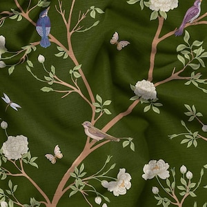 Chinoiserie Birds and Blossoms Quilting Fabric Home Decor Fabric by the yard Large Print Green, Black, Navy