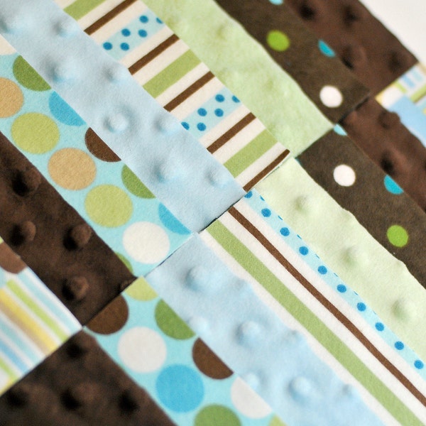 64  - 5 inches charm pack of flannel and minky quilt squares for Baby Boy Quilt Blue Green & Brown Dots Stripes Designs Gorgeous DIY