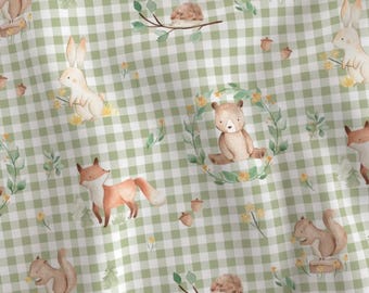 Woodland Animals Green Gingham Cotton Nursery Fabric, Forest Friends, Baby Bedding, Baby Gift, Fabric by the Yard