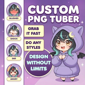 May include: A digital illustration of a custom PNG tuber character wearing a purple cat-ear hoodie with small black wings. The image includes text: CUSTOM PNG TUBER, GRAB IT FAST, DO ANY STYLES, DESIGN WITHOUT LIMITS, and four circular icons showing expressions: BLUSHED, SHOCK, SAD, and ANGRY.