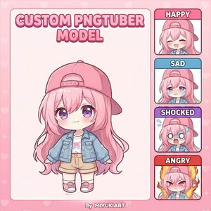 May include: A custom PNGtuber model character sheet featuring a chibi figure with long pink hair, a pink baseball cap, a blue denim jacket, a white t-shirt, and tan shorts. The sheet includes four facial expressions: happy, sad, shocked, and angry.