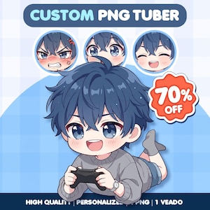May include: A digital illustration of a chibi character with dark blue hair wearing a gray sweater, holding a black game controller. The image includes three circular facial expressions, a 70% OFF badge, and the text CUSTOM PNG TUBER and HIGH QUALITY.