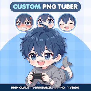Peut inclure: Illustration numérique d'un personnage de dessin animé aux cheveux et aux yeux bleus, tenant une manette de jeu. L'image comprend trois petites expressions faciales et le texte "CUSTOM PNG TUBER". Le personnage porte un pull gris et un short en jean.