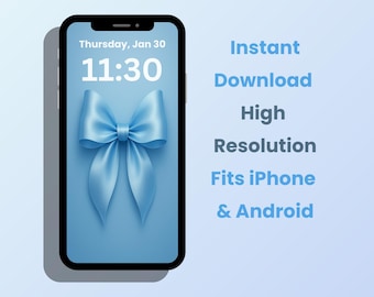 Blue Bow Phone Wallpaper, Satin Aesthetic Phone Background, Elegant Minimalist iPhone & Android Theme, Instant Download