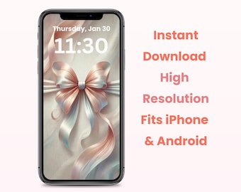 Pink Bow Phone Wallpaper – Champagne Blush Minimalist Background for iPhone & Android | Elegant Theme, Instant Download