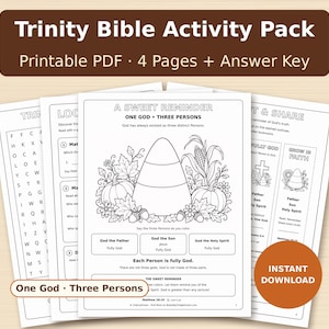 Op de afbeelding: Een Trinity Bijbel-activiteitenpakket als printbare PDF met vier pagina's en een antwoordsleutel. De pagina's bevatten zwart-wit lijntekeningen van pompoenen, maïs en bladeren met de titel A Sweet Reminder One God Three Persons.