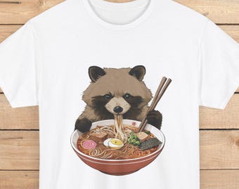 Ramen Tanuki T-shirt, Noodle Tanuki Shirt, Japanese raccoon dog Tee, Animal T-shirt, Gourmet shirt, Ramen lover, Unique T-shirt, Japan