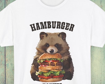 Burger Tanuki T-Shirt, Hamburger Shirt, Cute Japanese Raccoon Dog, Food, Animal Graphic tee, Unique T-Shirt, Funny, Relaxing, Foodie Gift