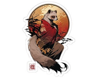 May include: A sticker featuring a raccoon in a red and gold kimono, set against a golden sun and silhouetted trees. The raccoon has a fluffy tail and is in a seated pose. A red square with Japanese characters is in the lower left.