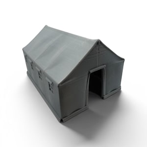 Peut inclure: Une tente rectangulaire grise avec un toit en pente et une seule porte. La tente comporte plusieurs petites fenêtres rectangulaires sur le côté. La tente est fabriquée dans un matériau durable et est conçue pour une utilisation en extérieur.
