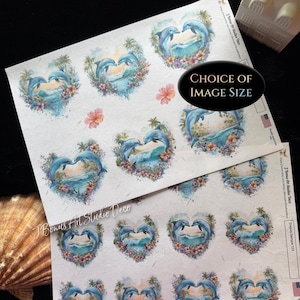 May include: Sheets of paper featuring heart-shaped illustrations of dolphins in a tropical setting. Each heart contains two dolphins, ocean waves, palm trees, and flowers. The text "CHOICE OF IMAGE SIZE" is visible.
