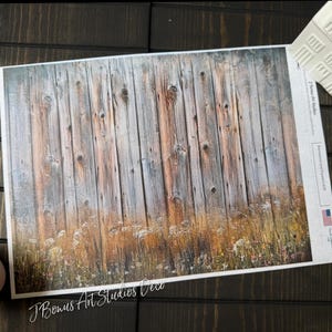 May include: A digital backdrop featuring a weathered wooden fence with a field of wildflowers in the foreground. The backdrop is printed on a white sheet of paper with the text "J Bonus Art Studios Deco" in the bottom left corner and "J Bonus Art Studios" in the bottom right corner.