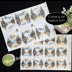 May include: Sheets of decorative paper featuring a watercolor landscape with a fisherman, trees, and mountains reflected in the water. The text "CHOICE OF IMAGE SIZE" is visible. The paper has a vintage aesthetic.