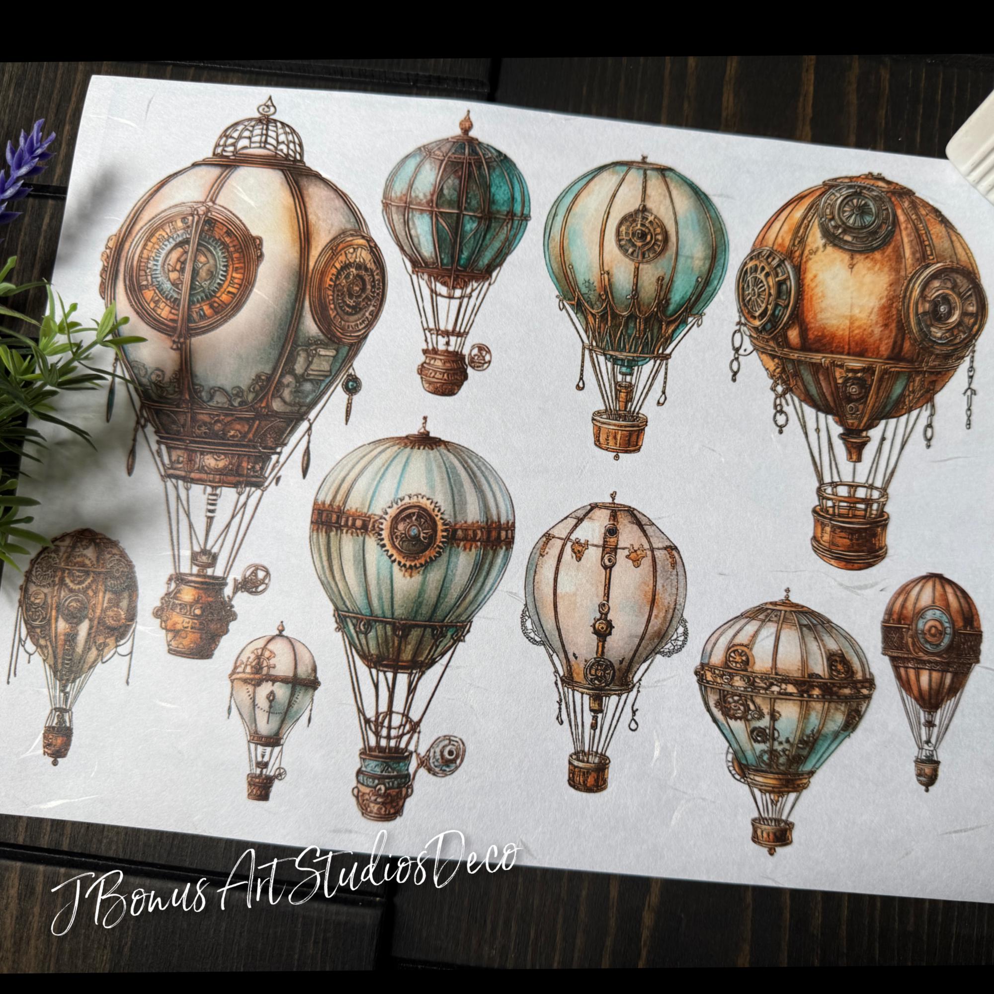 Steampunk Decoupage Paper, Hot Air Balloon A4 Rice Paper for Small Craft Project, Victorian Ephemera Junk Journal Collage Sheet, 683