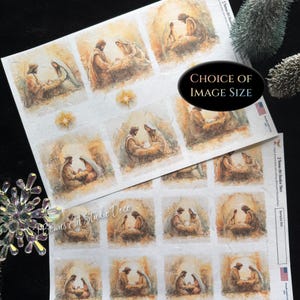 May include: A sheet of paper featuring multiple printed illustrations of a nativity scene with figures in warm brown and gold tones. The text "CHOICE OF IMAGE SIZE" is printed in a black oval, and "J Bonus Art Studio Deco" is visible.