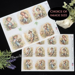 May include: Sheets of vintage-style decoupage paper featuring illustrations of children in a garden setting. Each image shows a child with a basket of flowers. The text "CHOICE OF IMAGE SIZE" is visible.