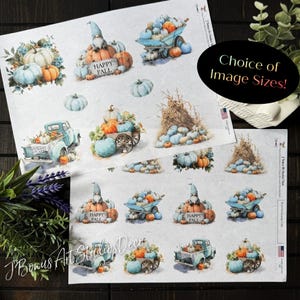 May include: Two sheets of decorative paper featuring watercolor illustrations of pumpkins, gnomes, and vintage trucks. The designs include the text "Happy Fall" and the phrase "Choice of Image Sizes!" The color palette includes orange, blue, and white.