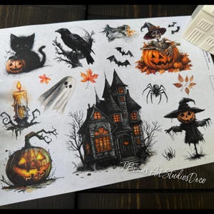 May include: A sheet of Halloween-themed stickers featuring a black cat with a jack-o'-lantern, a raven, bats, a haunted house, a skeleton in a pumpkin, a ghost, a scarecrow, a spider, and autumn leaves. The stickers are in shades of black, orange, and white.