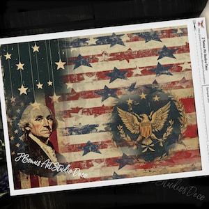 May include: A patriotic design featuring the American flag with red and white stripes and blue stars. The image includes a portrait of George Washington and a golden eagle emblem. The text "J Bonus Art Studio Deco" is visible.