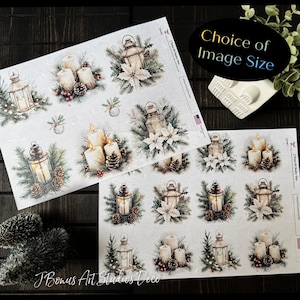May include: Two sheets of decorative stickers featuring watercolor illustrations of lanterns, candles, pine cones, and poinsettias. The stickers have a winter holiday theme. Text on the image reads "Choice of Image Size" and "JBonus Art Studios Deco."