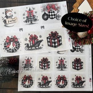 May include: Sheets of Christmas-themed images with a snowman, ornaments, a wreath, a sleigh, and a gift box. Each image has a red bow and a black and white buffalo check pattern. The text "Choice of Image Sizes!" is in a black oval.