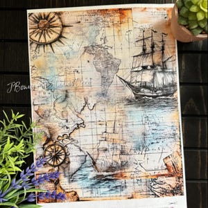 Nautical Decoupage Rice Paper, A4 Small Craft Projects, Ephemera Junk Journal Collage, J Bonus Art Studios Deco, Vintage Ship Ocean 607