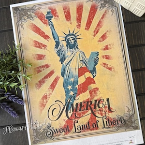 Patriotic Decoupage Paper, Americana A4 Rice Paper for Small Craft Project, Liberty 4th of July Ephemera Junk Journal Sheet, 697