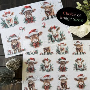 May include: A sheet of decoupage paper with a Christmas theme featuring a variety of images of cows wearing Santa hats and bows. The paper is printed on a white background with a subtle snowflake pattern. The text "Choice of Image Sizes!" is printed in a red circle on the top right corner of the sheet.