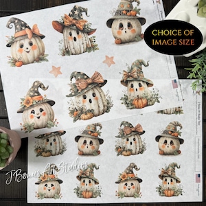 May include: A sheet of Halloween-themed stickers featuring whimsical pumpkin characters wearing witch hats with bows and floral accents. The pumpkins have smiling faces and are surrounded by leaves and small pumpkins. The text "CHOICE OF IMAGE SIZE" is visible.