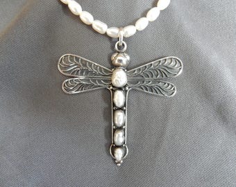 Dragonfly / Cross Pendant Necklace set with pearls