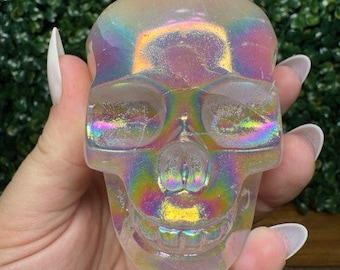 Cráneo de cuarzo rosa con aura de ángel / Talla de cristal tallada a mano