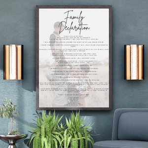 Declaración familiar personalizable con valores y lema familiar - PDF descargable, marco para decoración de pared - Fomenta la unidad