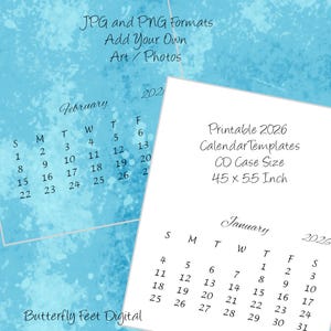Może przedstawiać: Drukowalne szablony kalendarza na 2026 rok w formatach JPG i PNG. Kalendarz jest zaprojektowany dla rozmiaru etui na płytę CD 4,5 x 5,5 cala. Kalendarz pokazuje miesiące styczeń i luty.