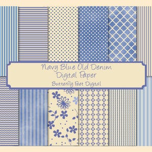 Navy Blue Denim Digital Paper Pack 12 Blue and Beige Printable Designs Digital Download