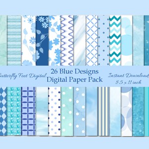 Blue Digital Paper Pack 8.5 x 11 Letter Size 26 Printable Background Designs Digital Download