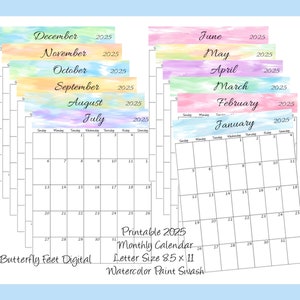 Calendario mensual imprimible 2025 Vista vertical Tamaño carta Acuarela Pintura Swash Descarga digital