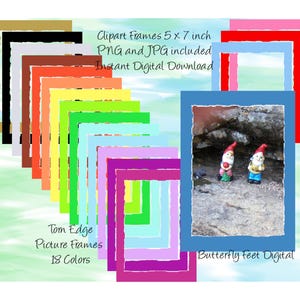 Pode incluir: Uma coleção de 18 molduras digitais coloridas, cada uma com 12,7 x 17,8 cm, com um design de borda rasgada. A imagem inclui uma foto de amostra de gnomos de jardim. O texto na imagem diz "Clipart Frames", "Instant Digital Download", "Tom Edge Picture Frames" e "Butterfly Feet Digital".
