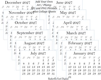 May include: Printable 2027 mini calendar templates, 3.3 x 2.75 inches, in JPG and PNG formats. Each month is displayed on a separate white card with a simple calendar layout. Includes collage sheets.