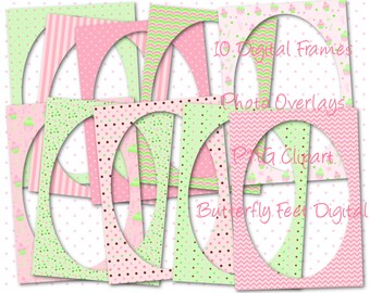 Digital Picture Frames Clipart PNG Pink and Green 5 x 7  Digital Download