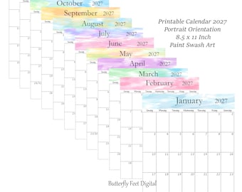 2027 Druckbarer Kalender Hochformat Aquarell Farbe Swash Digitaler Download