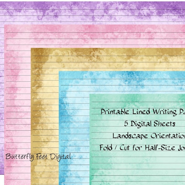 Printable Journal Pages Lined Writing Paper Landscape Half-Size Journal Watercolor Digital Download