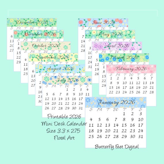 Printable Mini Calendar 2026 Floral Art Design 3.3 X 2.75 Inch