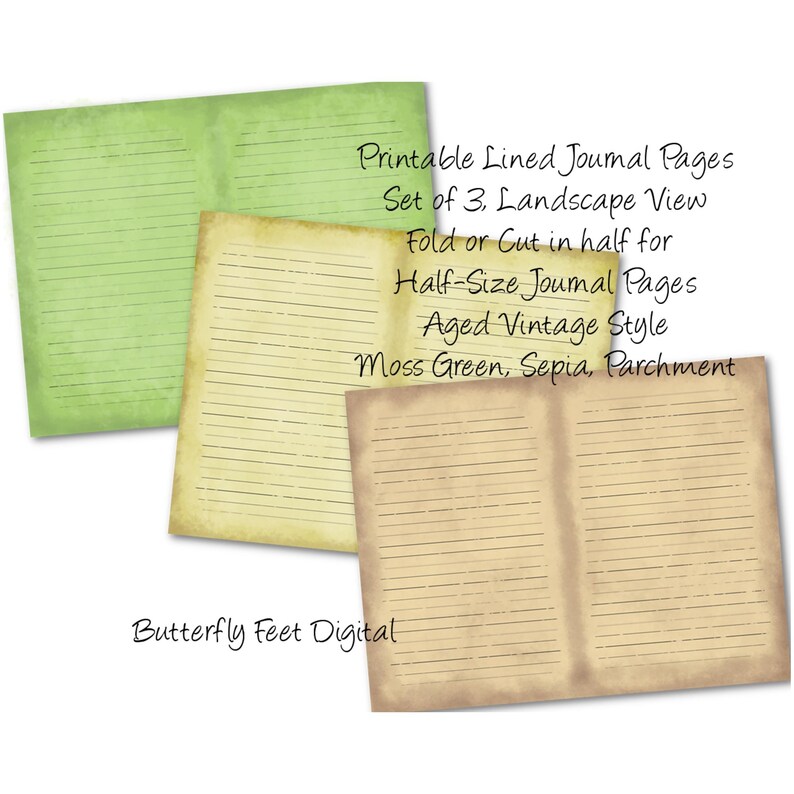 Printable Lined Journal Half-Size Pages Aged Vintage Style Digital Download