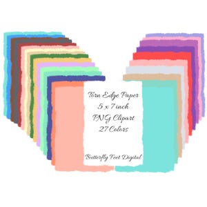 May include: A collection of 27 colorful torn edge paper sheets, each 5 x 7 inches. The sheets are arranged in a fan shape, showcasing a variety of pastel and vibrant colors. Text on the paper reads "Torn Edge Paper 5 x 7 inch PNG Clipart".