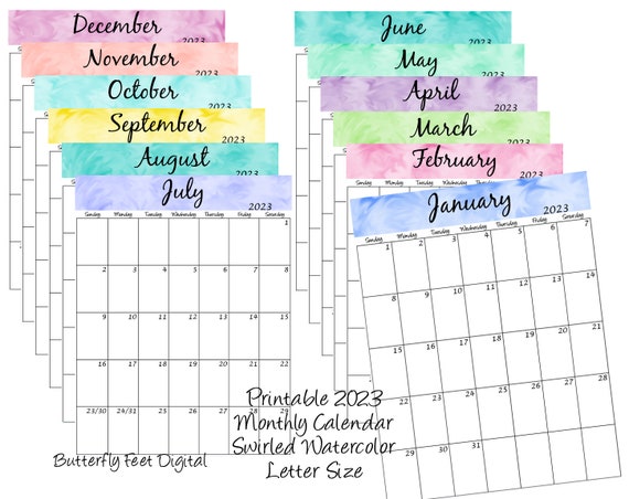 2023 printable calendar swirled watercolor letter size etsy